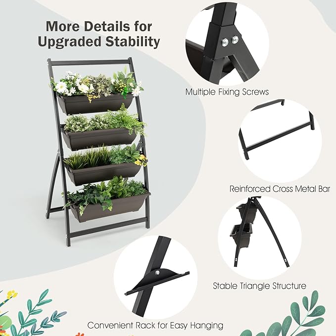 Giantex 4.1FT Vertical Raised Garden Bed 4-Tier Elevated Planter Box w/4 Containers &amp Drainage Holes Indoor Outdoor Freestanding Planter for Vegetables Herbs Flowers Heavy-Duty Metal Frame