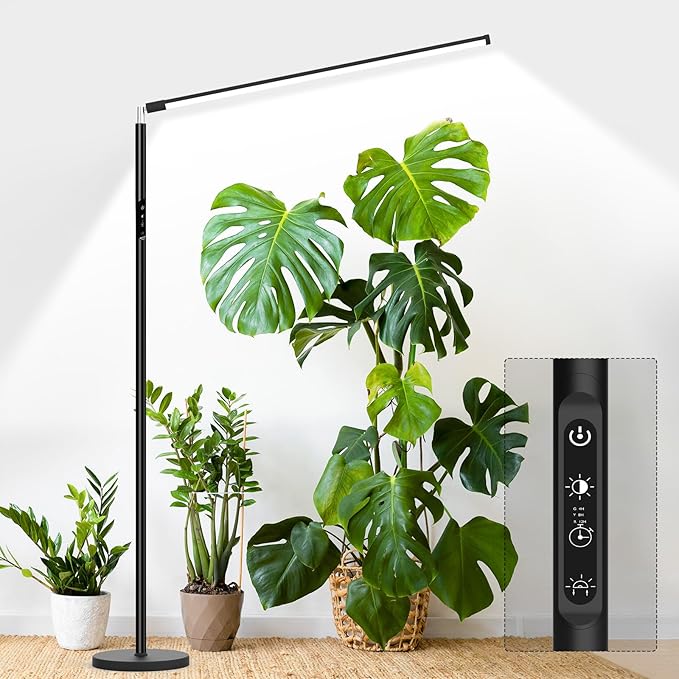 STERREN Plant Floor Lamp for Indoor Plants Full Spectrum LED Grow Light with 4/8/12H Timer Dimmable Black Plant Light with Stand Rotary Tall Grow Lights Head Adjustable 4000K