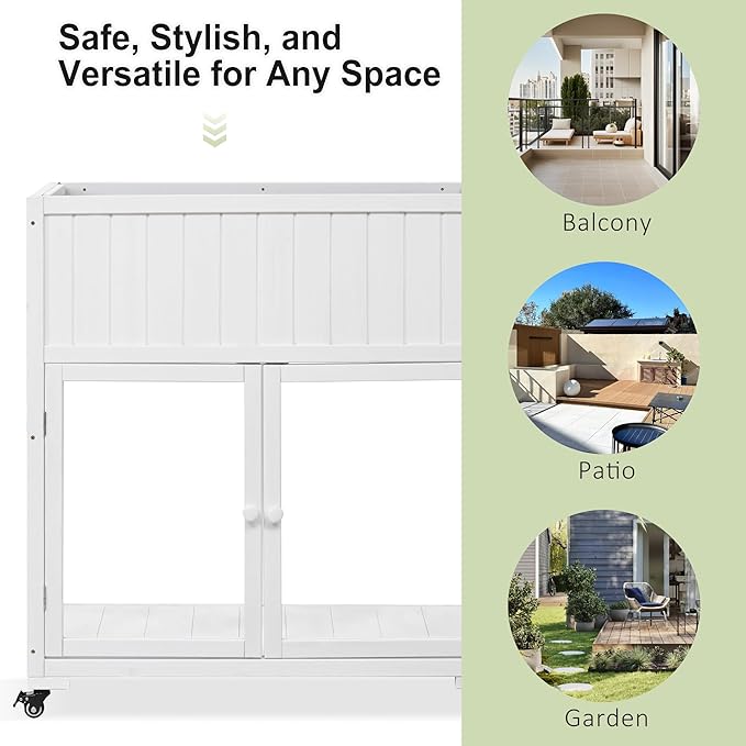 Patio 35.4''x17.7''x37.4'' Wood Cold Frame Compact 2 Doors GGreenhouse with Wheels Raised Bed with Liner for Indoor Outdoor Use White
