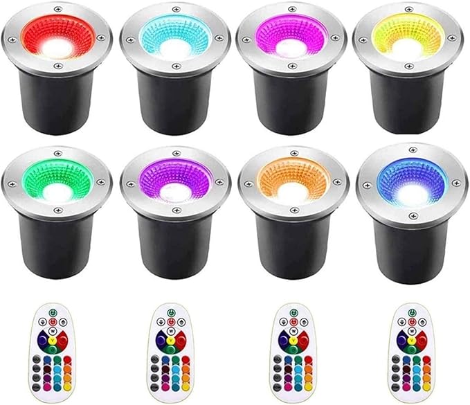 8PCS LED Landscape Lights - Outdoor COB Recessed Ground Spotlight 6W Color Changing Floor Light with Remote Control 12V-24V Stainless Steel Round Buried Garden Light(6W -12v)