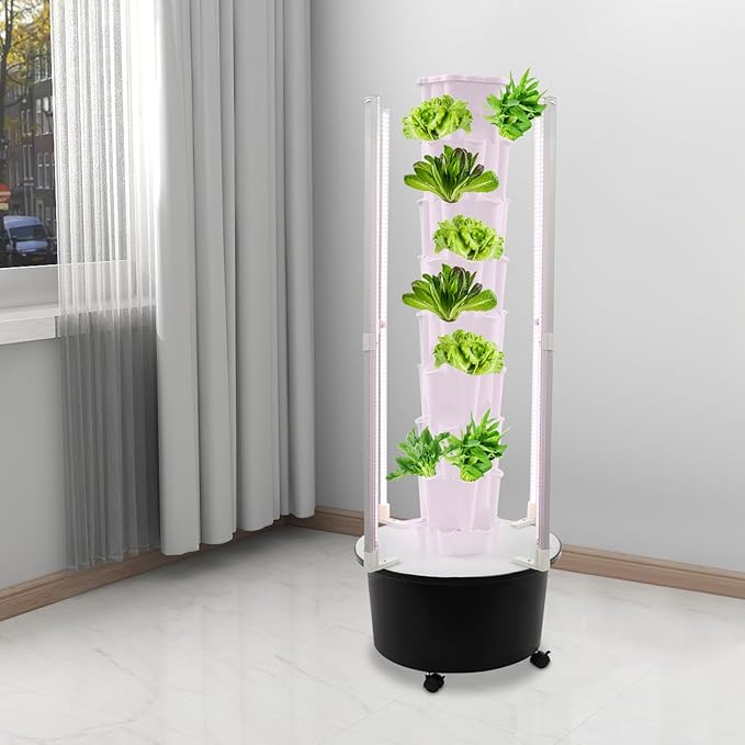 8 Tier Hydroponic Tower Garden - Indoor Vertical Gardening System 48 Holes with LED Grow Light &amp Self-Watering Pump for Strawberries Lettuce Herbs Home Grow Kit with Timer &amp Wheels