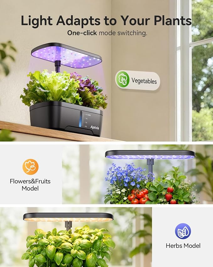 Hydroponics Growing System 6 Pods Smart Indoor Herb Garden with LED Grow Light Auto Timer Height Adjustable Quiet Pump Gardening Gifts for Mom Women - Black
