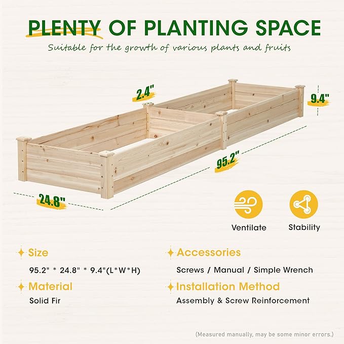SUNCROWN 8x2ft Wooden Raised Garden Bed Planter Box for Vegetables and Flowers in Backyard/Patio/Outdoor Gardening with Open Base Natural 96 x 24 x 10in