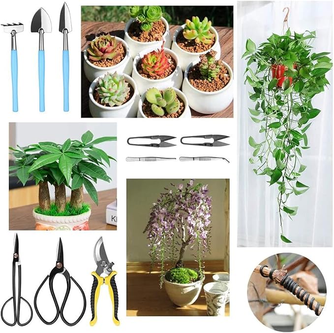 15Pcs Garden Tools Set Succulent Gardening Trimming Kits High Steel Bonsai Tools Set Includes Gardening Bag Hand Rake Shovels Scissors Pruning Shears Wire Gardening Gifts
