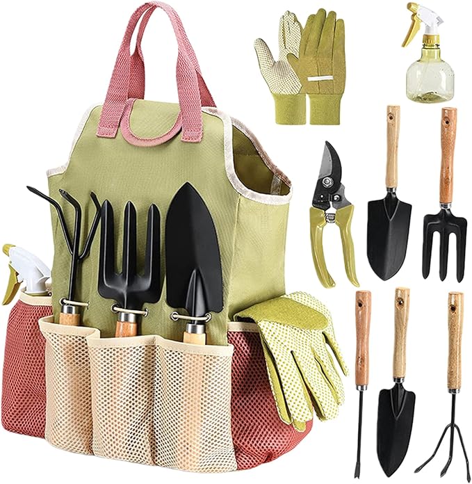 Set of 9 Garden Tools Set with A Storage Carry Bag Gardening Hand Tools Easy Handling for Outdoor Plant Care Gardening Gifts for Women Home Use