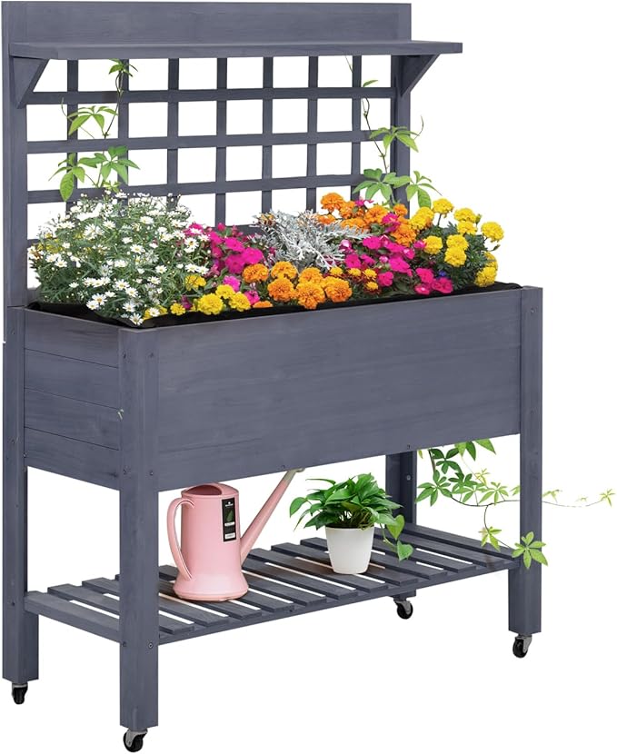 41 Raised Garden Bed with Trellis Tiered Wooden Planter Box on Wheels for Flowers Herbs &amp Vegetables Gray