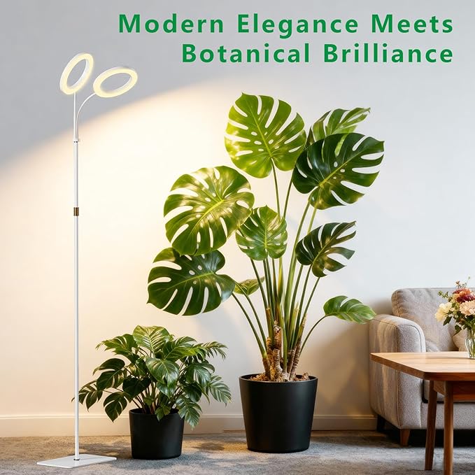 Dual Head Grow Light for Indoor PlantsFull Spectrum Halo Plant Lights with Stand Floor Standing Growing Lamp with Adjustable HeightAuto TimerDimmable Brightness for Tall Large Plant（White
