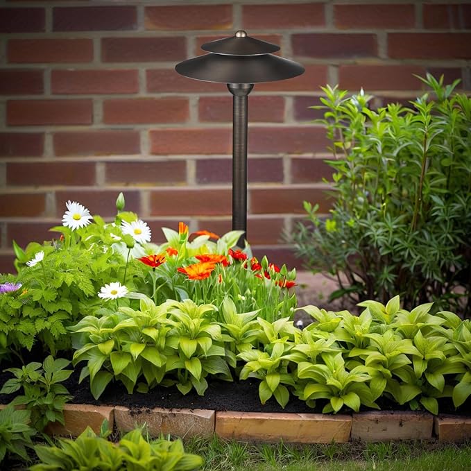 DOSHINE® Solid Brass Low Voltage Landscape Lighting Pathway Lights (8.25 Shade 22 Tall) with Replaceable 3W G4 LED Bulb 3000K AC/DC 12V and Ground Stake for Outdoor Walkway Driveway (DOU 6-Pack)