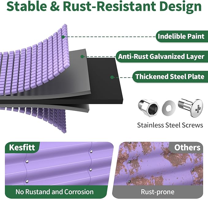 Kesfitt Raised Garden Bed Metal Galvanized Steel Oval Garden Bed 8x2x1.5 ft with 18-Inch Deep Open-Bottom Design for Outdoor Vegetable Gardening Lavender Purple