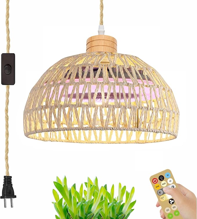Swag Hanging Boho Plant Growing Light Full-Spectrum Fan Lamp Timer by Remote Control with Integrated Circulating Fan Plug-in Twine Braiding Cord Dimmable for Indoor Planting Portable 30W