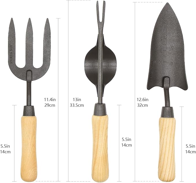 Japanese Gardening Tools Set 6 Pcs Garden Tools Set Black Painted Stainless Steel Heavy Duty Gardening Tools Kit Hand Trowel Dibble Hand Rake Weeder Transplanter and Hand Folk…