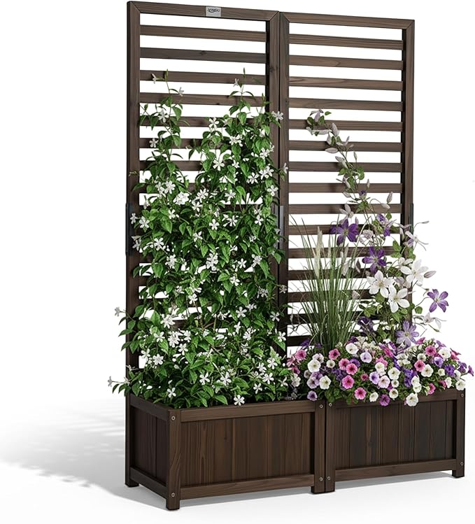 VINGLI Wooden Planter with Trellis 51 Height Elevated Garden Beds Outdoor FreeStanding Planter Box with Drainage Holes for Flower Vegetable Fruit Herb in Garden Patio Balcony - 2PCS
