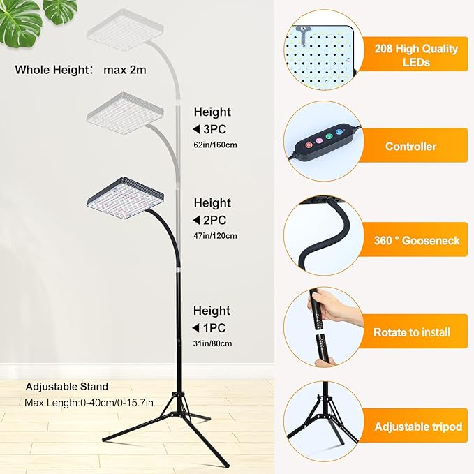 FECiDA 2026 Grow Lights with Upgraded Stand Standing Grow Lights for Indoor Tall Plants Bonsai Tree 4/8/12/16/20 Hr Timer 25 Watt Power Draw NO Need Adapter 24-76 Height Adjustable