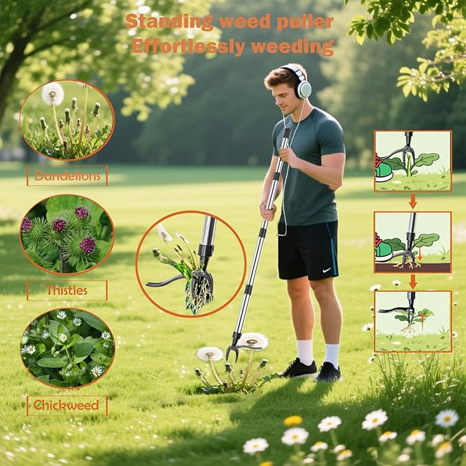 Garden Weed pullerTooHeavy Duty 12 Multi Flat ShovelScraper 14 Steel Thatch Rake with Adjustable Long Handle forLeaf &amp Moss&amp Edging &amp Ice &amp Snow Removal in Lawn DrivewaysPatios C