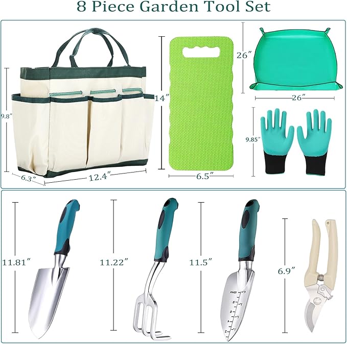 8-Piece Heavy-Duty Gardening Tools Set with Tote Bag - Rust-Proof Aluminum Gardening Hand Tools with Ergonomic Non-Slip Rubber Grips - Gardening Supplies Set Ideal Gift for Men &amp Women
