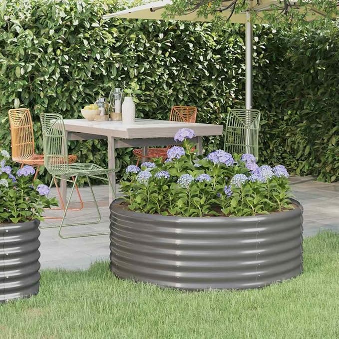 vidaXL Powder-Coated Steel Gray Patio Raised Bed - Sturdy Outdoor Garden Planter Pot - Round Shape Weather-Resistant for Plants Vegetables Herbs Flowers - DIY Assembly