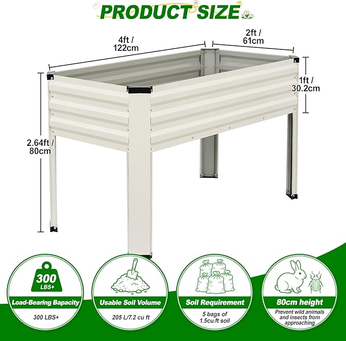 Galvanized Raised Garden Bed with Legs 2 Pack 48x24x32in Elevated Raised Garden Bed Outdoor with Drainage Holes Planter Boxes for Gardening Vegetable Flower Fruit in Backyard Patio Balcony (White)