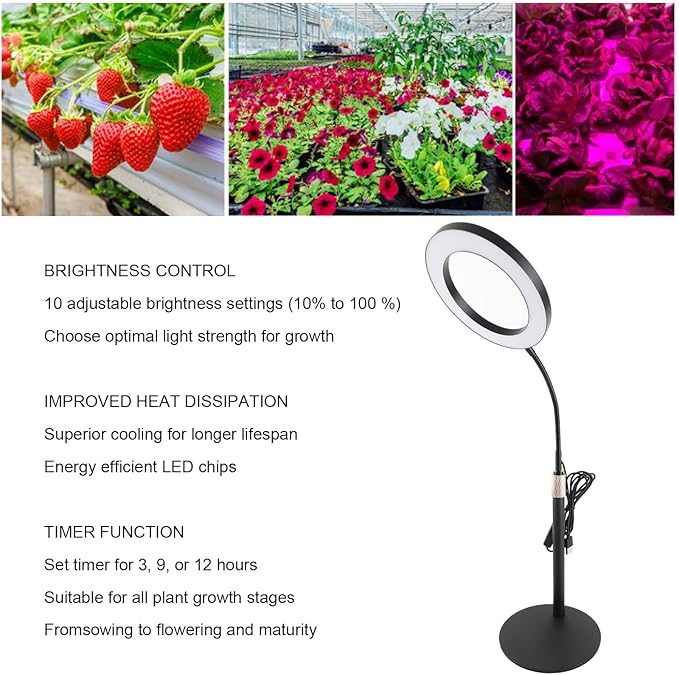 Plant Grow Light 6500K Full Spectrum LED Growing Lamp with Clip 3 Timer 10 Adjustable Brightness Settings Height Adjustable LED Plant Light for Indoor Plants Seed Starting