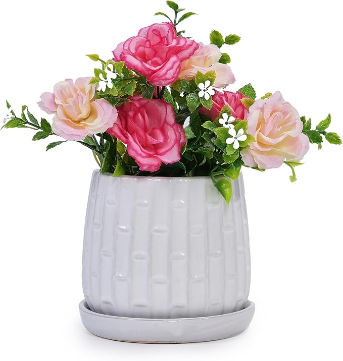 Handmade White Glazed Ceramic Planter Set of 2 6 8 Diameter Like Pattern for Orchids IndoorOutdoor Shelf Table Use Breathable Clay