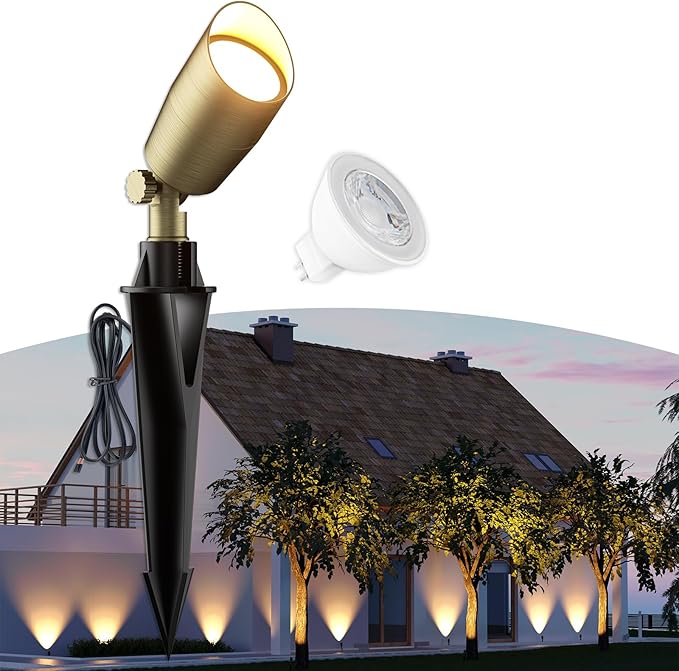 Low Voltage Brass Landscape Light Solid Outdoor Spotlight with Replaceable MR16 LED Bulb 5W 2700K Warm White 12V 24V Landscape Lighting Waterproof Design for Garden Yard