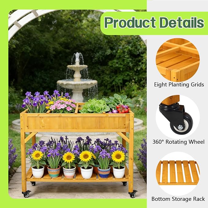 Elevated 8 Pocket Herb Garden Bed Mobile Raised Customizable Wood Planter for Herbs Vegetables Flowers w/Lockable Wheels Storage Shelf Drainage Holes (36 L x24 W x34 H)