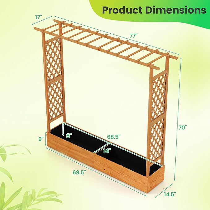 Giantex Raised Garden Bed with Trellis &amp Hanging Roof Wood Planter Box with Bottom and Drainage Holes Freestanding Garden Planter for Flower Vegetable Fruit Herb Climbing Vines 77x17x72