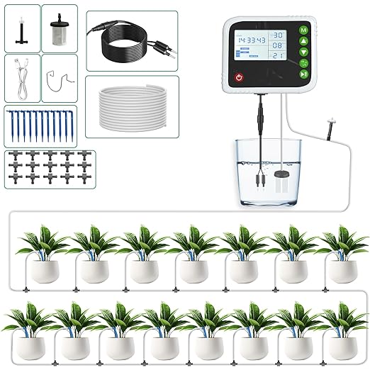 PChero Automatic Drip Irrigation System Kit Indoor Plant Self Watering System Devices for 15 Potted Plants USB Charging Plant Waterer Indoor with Timer Buzzer and Water Sensor for Vacation