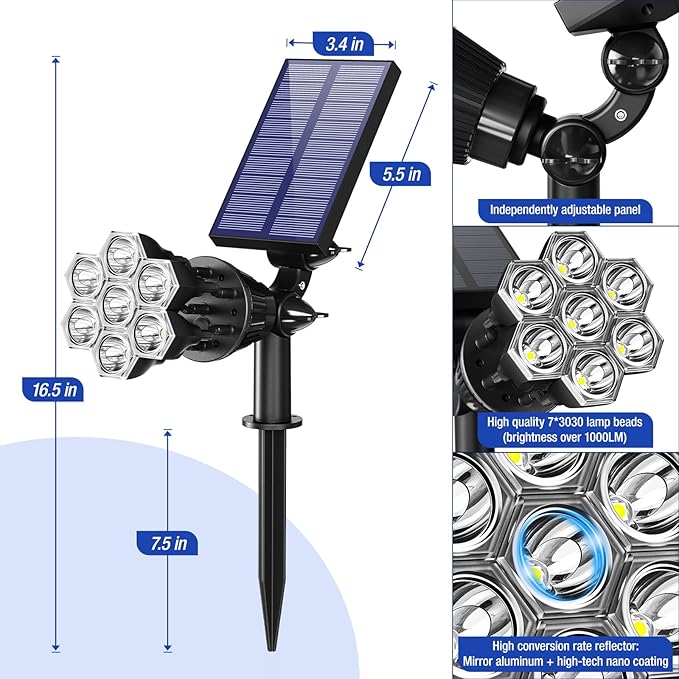 Solar Spot Lights Outdoor 1000LM IP68 Waterproof Solar Lights Outdoor with 7x360° Adjustable Metal Hose 4 Lighting Modes Spotlights for Garden Pathway Yard Landscape 4 Pack (Cool White)