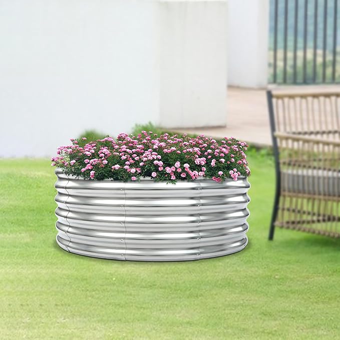 CNCEST 17'' Tall Round Raised Garden Bed Kit42 Diameter Outdoor Metal Flower Beds Planter Box Patio Ground Planter for Planting Vegetables Flowers Herb (Silver)