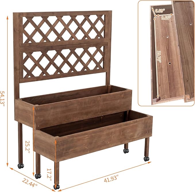 41.93x22.44x54.13 Raised Garden Bed with Trellis 2-Tier Planter Box with Legs Elevated Wood Planter Box Stand for Backyard Patio Balcony with Wheels Drainage Holes Brown