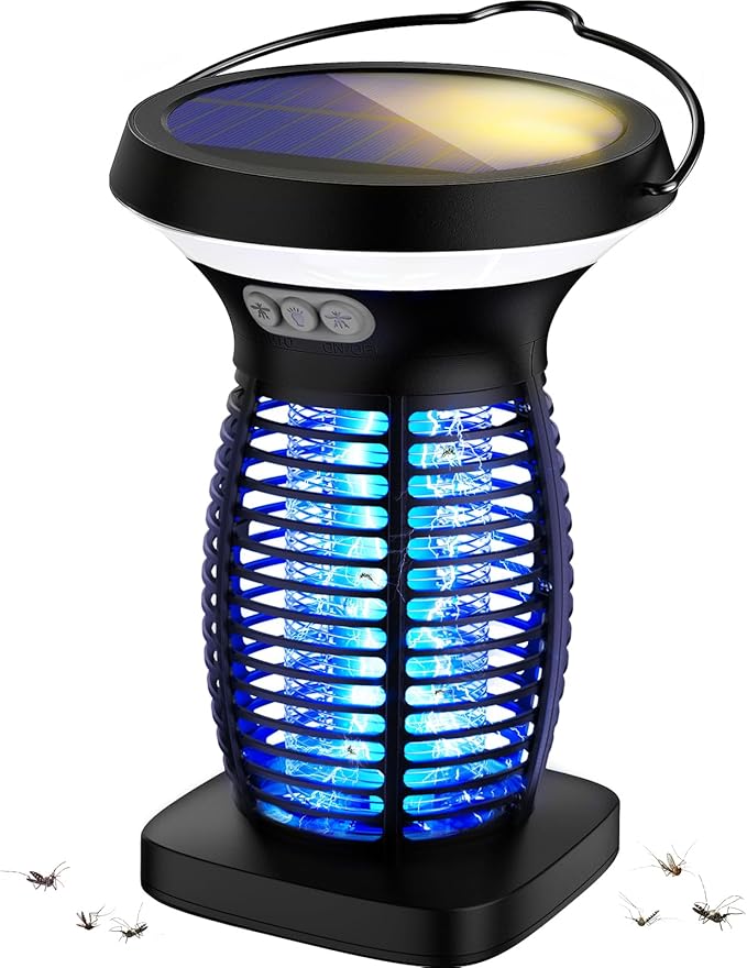 Solar Bug Zapper Outdoor Mosquito Zapper Outdoor Waterproof Electric Rechargeable Fly Zapper with Solar Panel 4200V Fly Trap Indoor for Home Backyard Patio Garden Camping