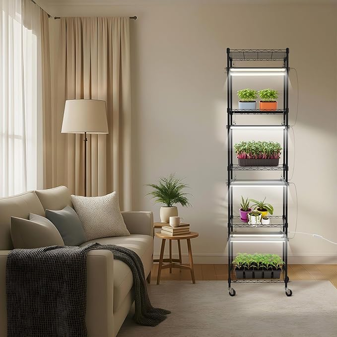 SOLIGT Plant Shelf with Grow Lights 5 Tier Grow Light Stand Rack with 8 Pack 16“ 6000K T5 Full Spectrum Led Grow Lights for Indoor Plants Seed Starting Seedling Growing Timer Included