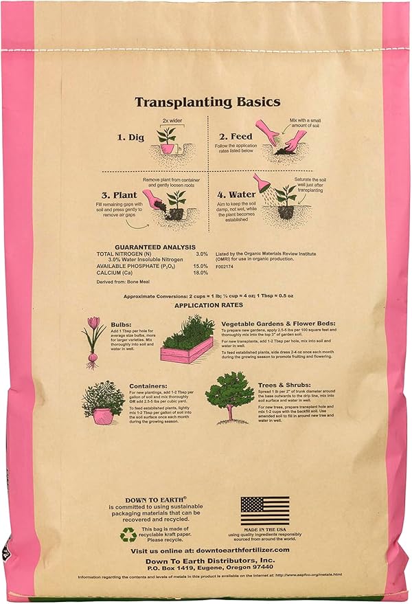Down To Earth All Natural Fertilizers Organic Bone Meal - High Phosphorus Plant Food for Buds Bulbs Blooms Flowers 3-15-0 25 lb