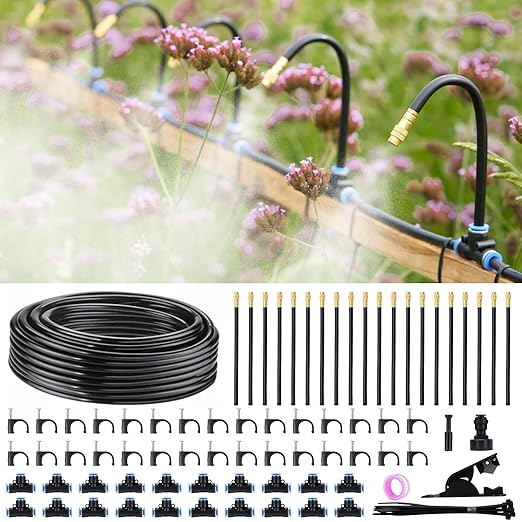 360° Automatic Drip Irrigation Kit - 5/16'' Tubing Adjustable Universal Spray Nozzle Copper Atomizing System for Garden/Lawn/Greenhouse - Multi-Directional Rotation Quick Connectors 65FT