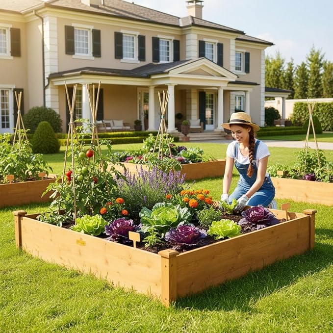 Hollyone 48 X 48 inches Wood Raised Garden Bed Frame Planters Wooden Elevated Planting Planter Box for Outdoor Herb Vegetables Flowers Grass Lawn Yard Patio - Natural Brown 4×4ft