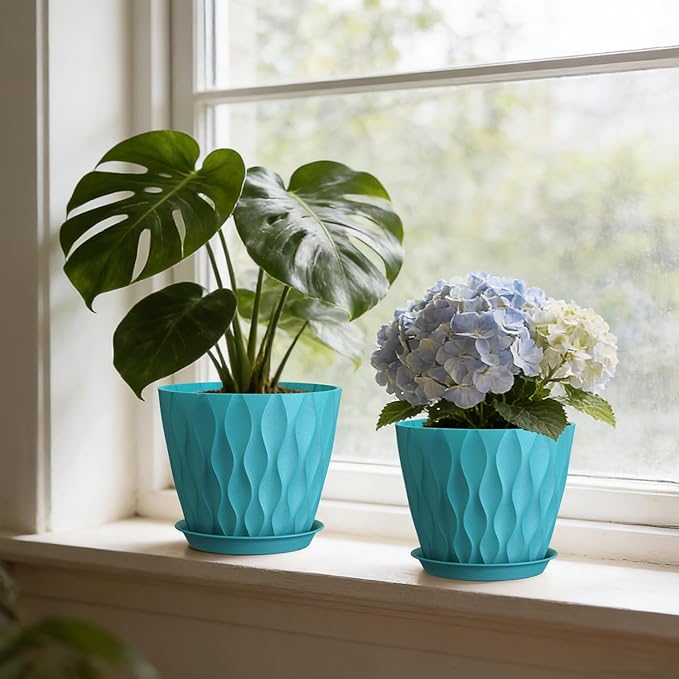 8 Inch Plant Pots with Saucers (4 Pack) - Modern Ribbed Flower Pots for Indoor Plants - Sturdy Decorative Planters for Snake Plant &amp Flowers - Drainage Holes (4 Blue)