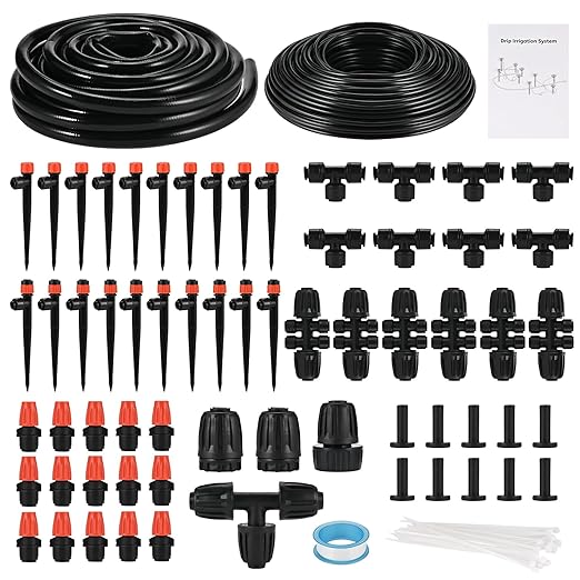 Complete 234FT Drip Irrigation System with 87 Quick Connectors - Automatic Sprinkler Kit for Lawn Raised Bed Greenhouse &amp Plant Watering. Includes 1/4'' Tubing Drip Emitters &amp Connectors