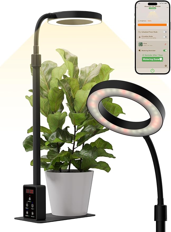 GLOWRIUM Smart LED Grow Lights for Indoor Plants G4 12W Full Spectrum 3500K with Grow lamp Bluetooth App Control 10-Level Dimming Gooseneck Height Adjustable 16-23 Auto Timer (Black 12W)