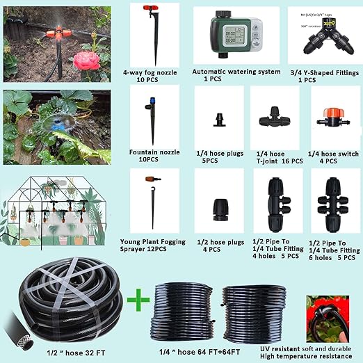 160Ft Drip Irrigation System with Water Timer for Garden Main Water Hose ID 1/2inch 30Ft 1/4in 130Ft Sufficient Water Pressure Irrigation Dripper Waterflow Evenly Easy DIY Garden Watering System