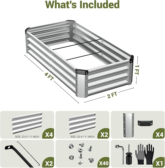 4x2x1 Ft 2Packs Metal Raised Garden Bed Rectangular Outdoor Garden Bed Planter Box for Vegetables Flowers and Herbs Color Coated Steel Raised Planter Bed Kit (Silver)
