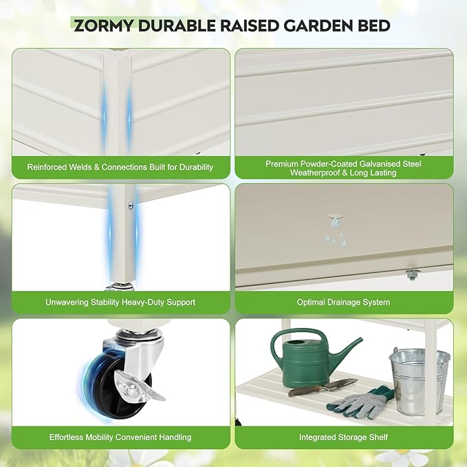 ZORMY 32 Tall Galvanized Raised Garden Bed with Legs Wheels &amp Shelf Elevated Planter Box Outdoor for Vegetables Herbs &amp Flowers Patio &amp Backyard Garden Bed with 400lb CapacityWhite