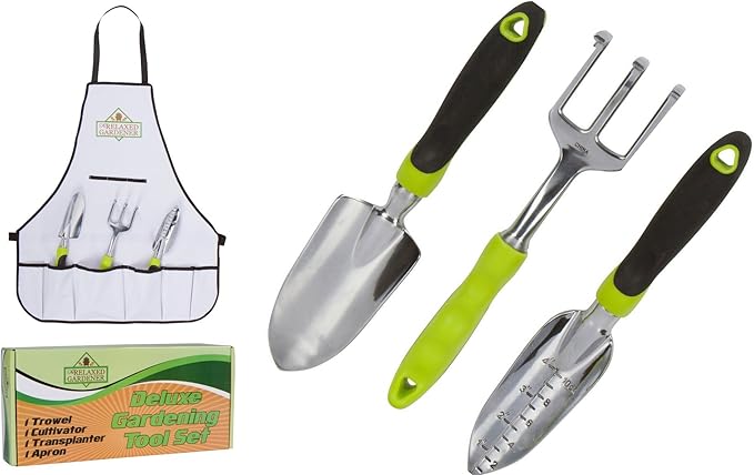 Garden Tool Set - 3 Heavy Duty Gardening Hand Tools - Trowel Cultivator and Transplanter with Bonus Apron - Rust-Proof Gardening Tools Kit Gift for Men and Women