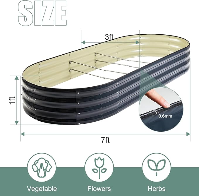 Galvanized Steel Raised Garden Bed 12 Tall Oval Galvanized Steel Raised Garden Bed - 7x3ft Oval Outdoor Planter Box with Rubber Edging (Grey)