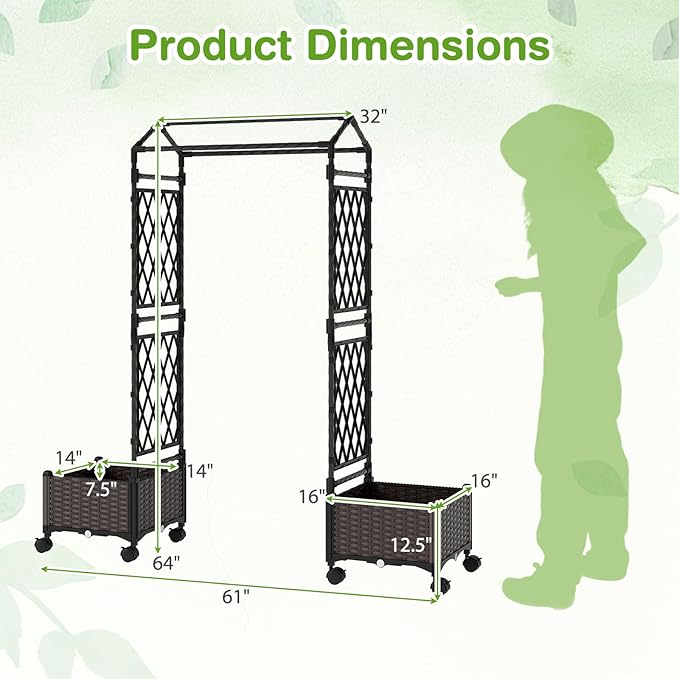 BECOMFORT Planter Box with Trellis 64”H Self-Watering Tomato Planter w/Wheels Hanging Roof &amp Drainage Holes Outdoor Indoor Raised Garden Bed for Climbing Vines Perfect for Patio Lawn &amp Ba