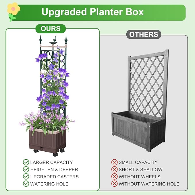 Raised Garden Bed Planter Boxes with Trellis61.4 Self-Watering Trellis with Planter Box for Climbing Plants Flowers Vegetables with WheelsUse for Indoor Outdoor
