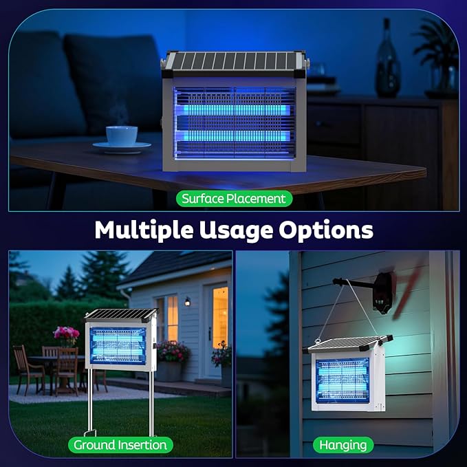 Solar Bug Zapper Outdoor Mosquito Zapper Waterproof Electric Fly Zapper Rechargeable Mosquito Killer Lamp with 10W Solar Panel 4500V Cordless Fly Trap for Backyard Patio Garden RV Camping