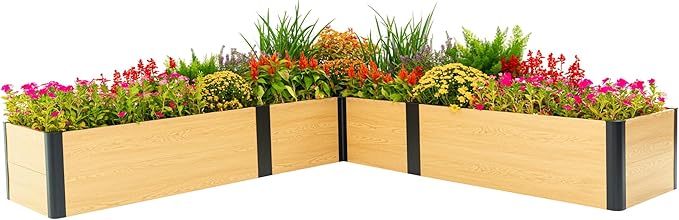 Vego garden Woodgrain Series Raised Garden Bed 16 Tall Wooden-Look 8' x 8' L-Shaped Metal Planter Box Outdoor for Vegetables Flowers Herbs