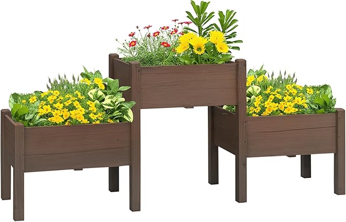 Outsunny Raised Garden Bed with 3 Planter Box Elevated Wooden Plant Stand with Drainage Holes for Vegetables Herb and Flowers Coffee