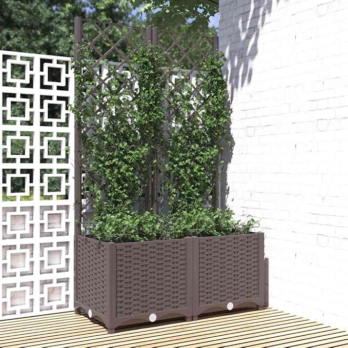 Brown Raised Garden Planter with Trellis 31.5x15.7x53.5 in UV-Resistant Polypropylene Elevated Flower Bed Box for Balcony Patio Outdoor Gardening