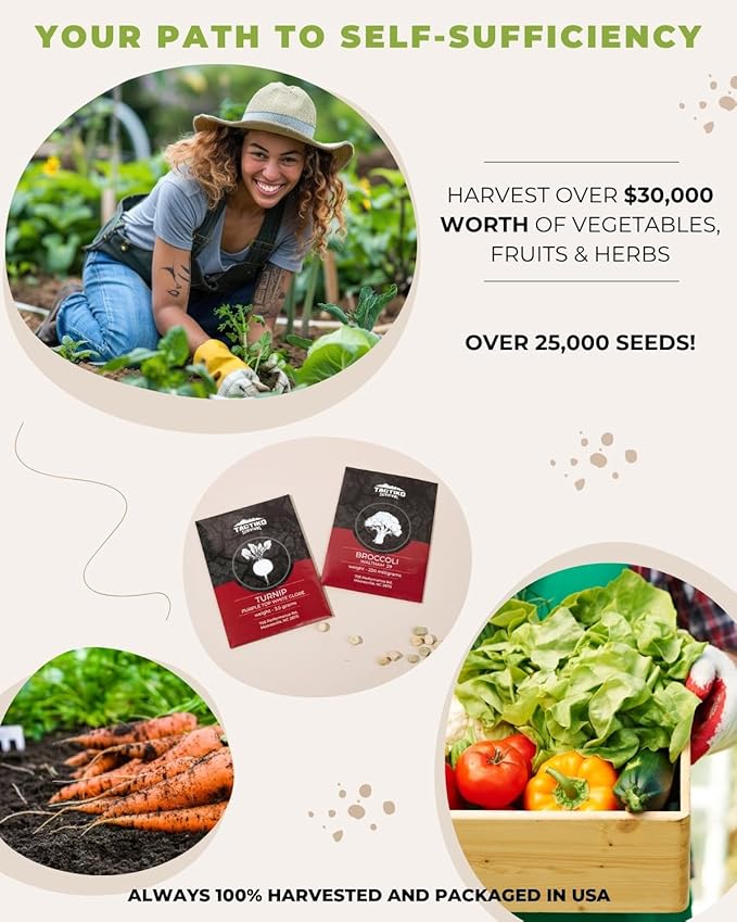 50 Tactiko Survival Vegetable Herb &amp Fruit Seed Kit - U.S.A. Harvested Varieties - Over 35000 Non-GMO Heirloom Seeds - Emergency Seed Vault in Waterproof Mylar Bag - Long-Term Storage